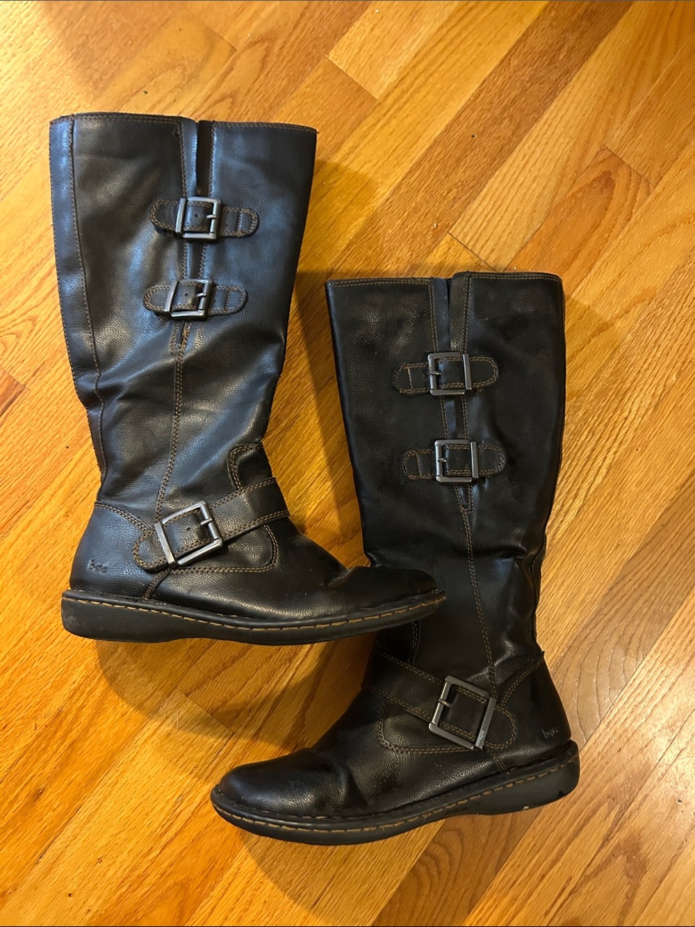 Black Women's Mid-Calf extended calf Buckle Leather Boots